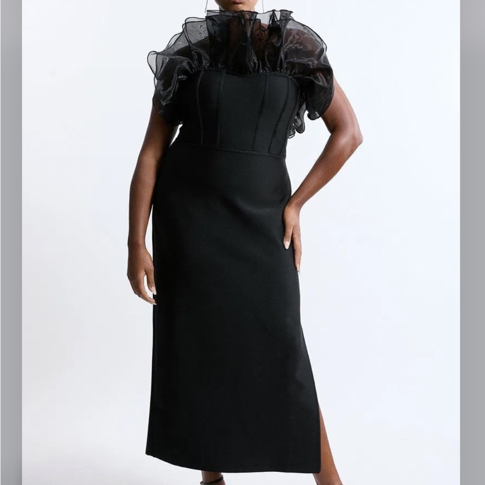Karen Millen Black Bandage Figure Form Tulle Frill midi Dress XS NWT